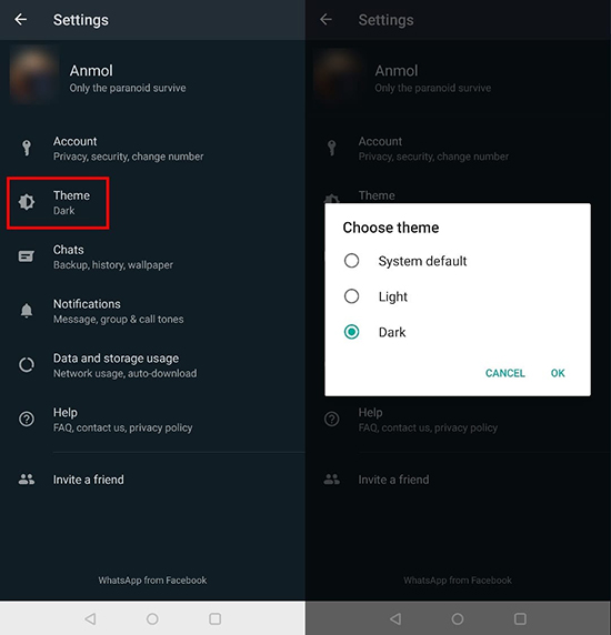 Как включить черную тему в WhatsApp на телефоне